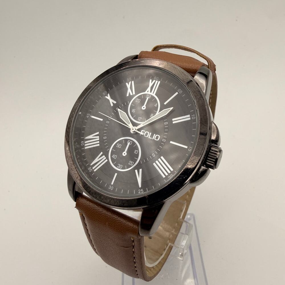 Folio Men's Gunmetal Quartz Watch with Brown Strap Working New Battery